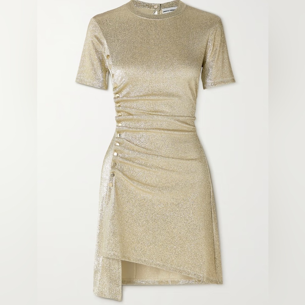 WORN ONCE Paco Rabanne Asymmetric Gold Metallic Mini Dress | Size FR40